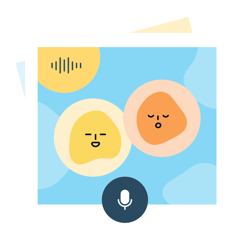 Two avatars, one smiling and the other neutral, having an ongoing conversation through audio recordings.